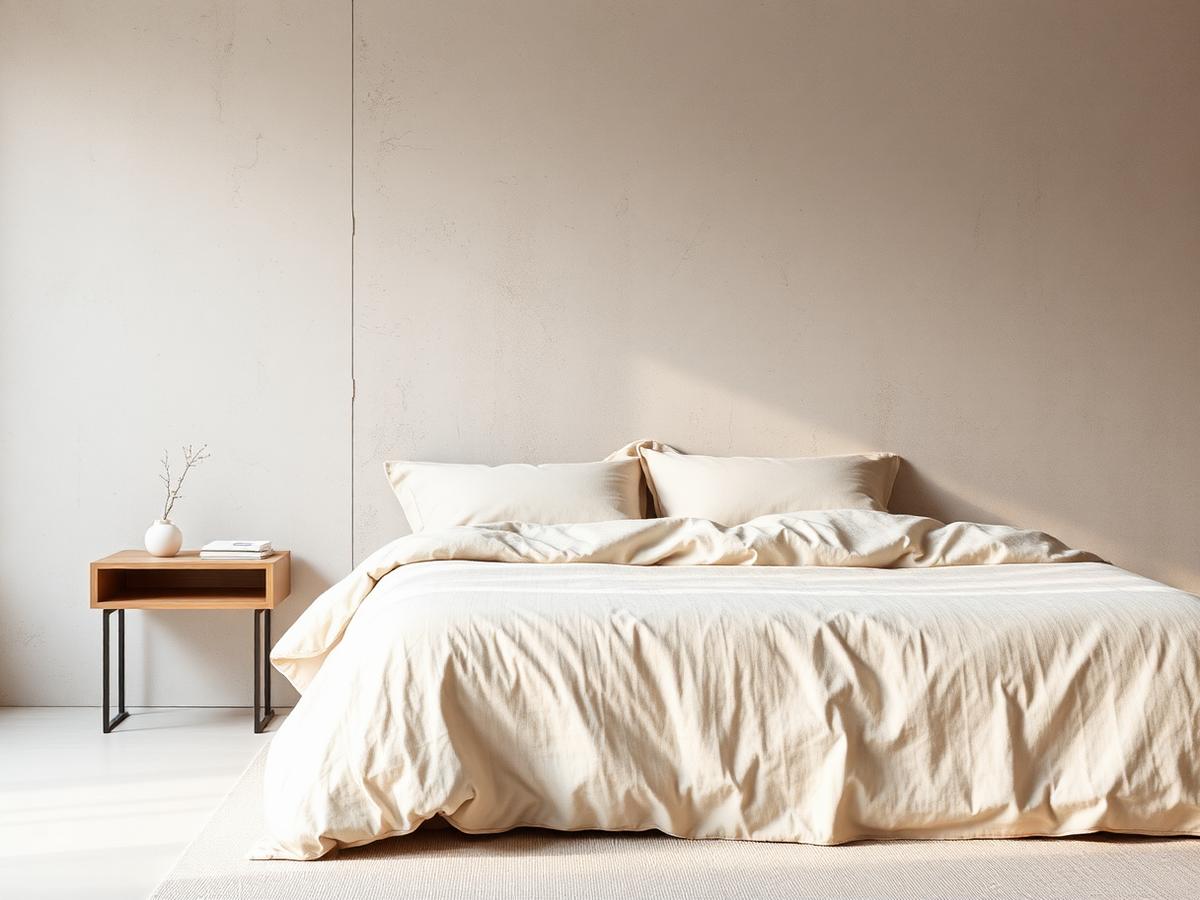 Chambre épurée aux teintes beige et lin, avec table de chevet en chêne