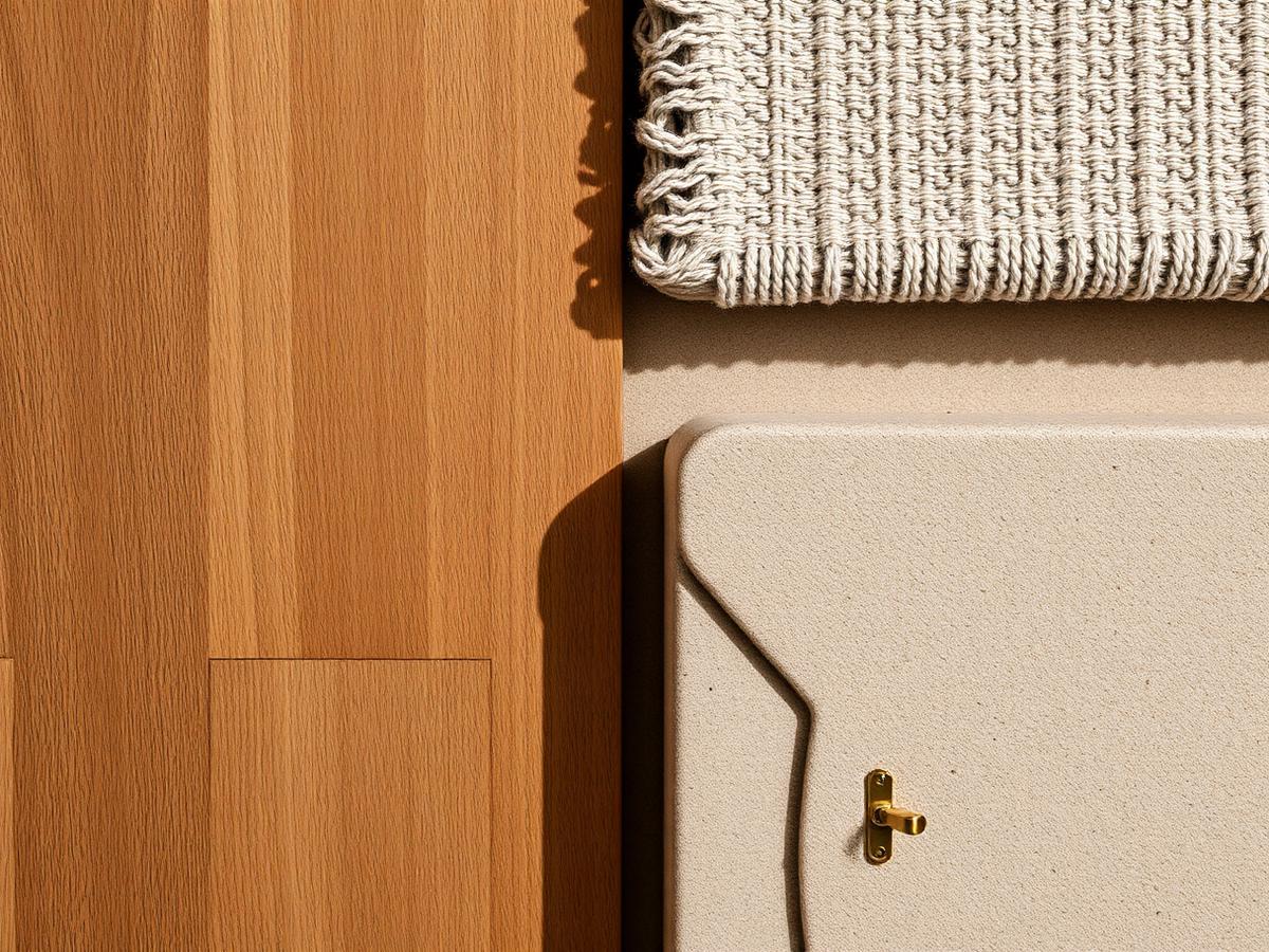 Détail de matières intérieures : bois de chêne, textile tissé et pierre claire