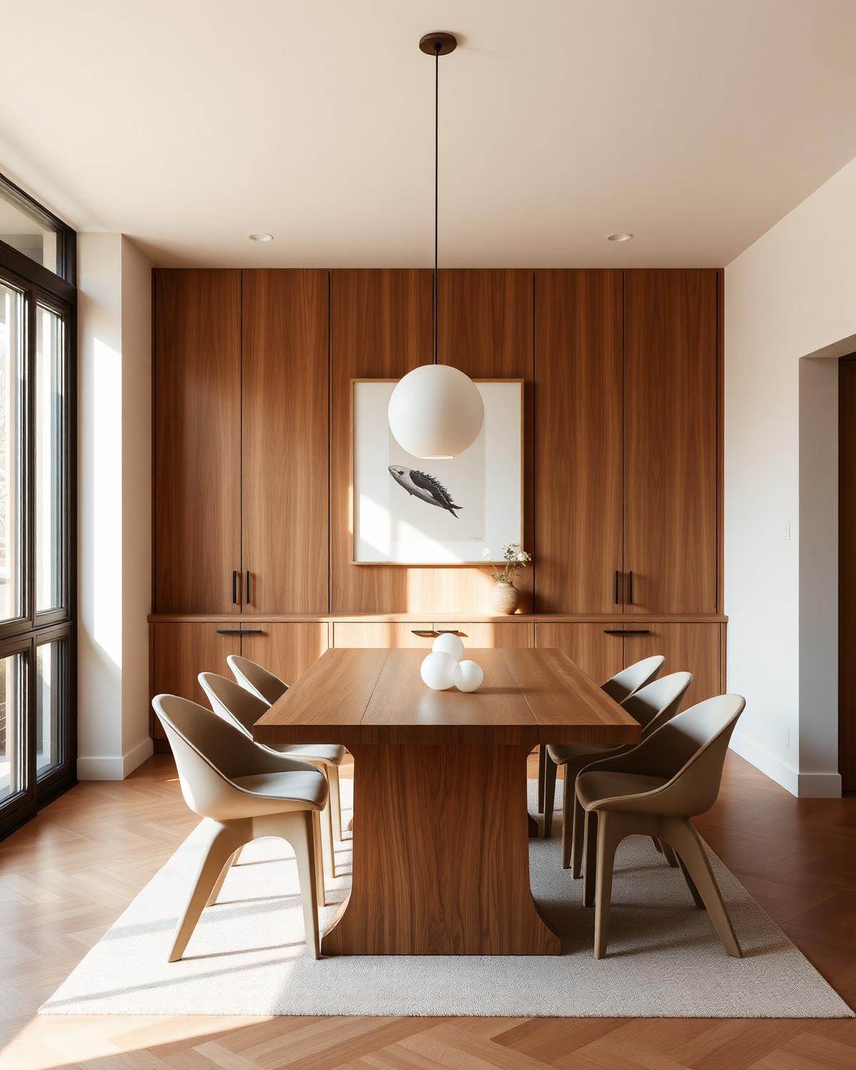 Salle à manger contemporaine avec table en bois massif et chaises sculpturales